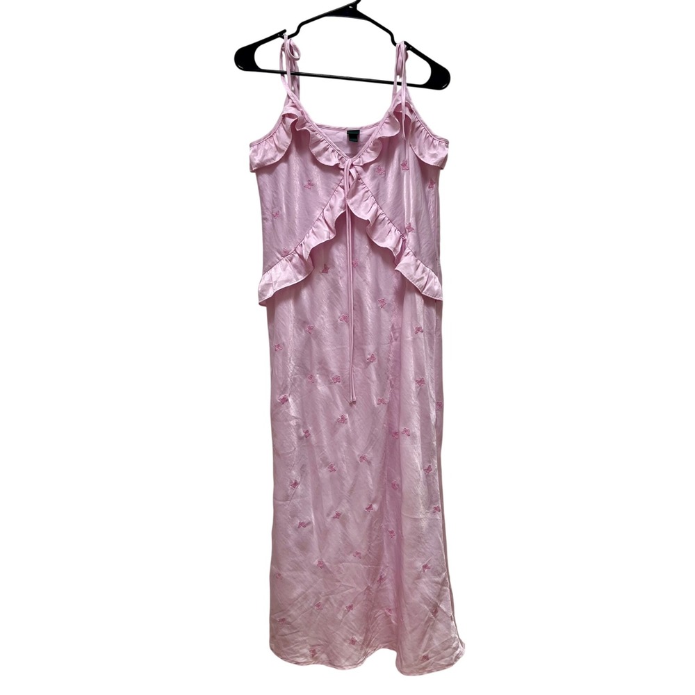 Wild Fable Pink Satin Butterfly Embroidered Ruffle Tie Front Midi Dress Womens M